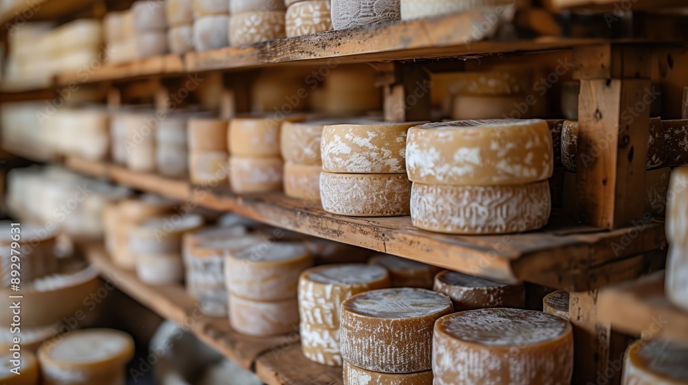 “A selection of various artisanal cheeses displayed on wooden surfaces inside a private creamery. “A selection of various artisanal cheeses displayed on wooden surfaces inside a private creamery.