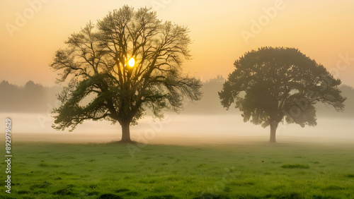 Beautiful scenery of foggy grassland and trees at sunrise