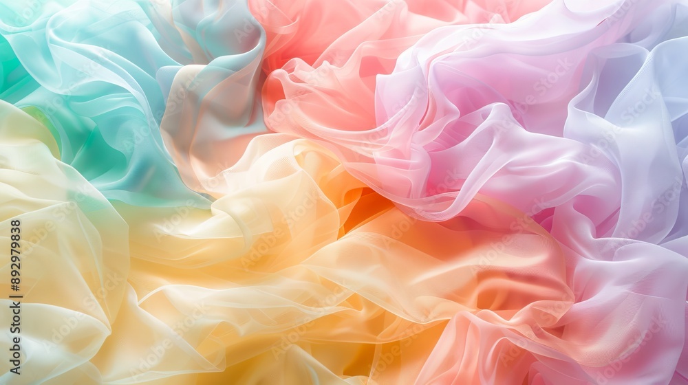 A stunning array of pastel-colored fabrics with a flowing design, creating a mesmerizing blend of soft hues and light textures. Perfect for artistic and creative projects. A stunning array of pastel-colored fabrics with a flowing design, creating a mesmerizing blend of soft hues and light textures. Perfect for artistic and creative projects.