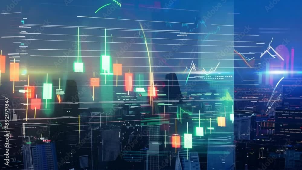 Abstract glowing big data forex candlestick chart on blurry city backdrop. Trade, technology, investment and analysis concept Abstract glowing big data forex candlestick chart on blurry city backdrop. Trade, technology, investment and analysis concept