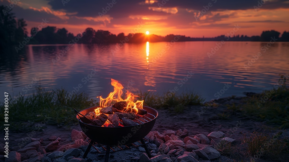 Sunset Over Lake with Campfire in Foreground Creating a Picturesque Scene of Nature and Tranquility Sunset Over Lake with Campfire in Foreground Creating a Picturesque Scene of Nature and Tranquility