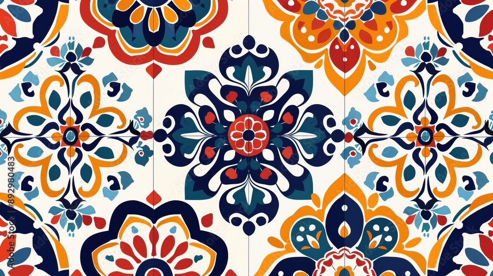 Fototapeta premium This image showcases a vibrant, colorful floral patterned tile with intricate geometric designs, featuring shades of red, blue, orange, and white creating a beautiful mosaic.