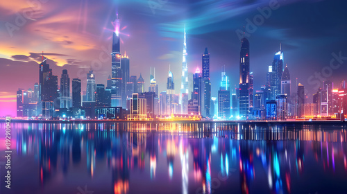 Futuristic urban landscape, downtown sunset, modern city night, towers and skyscrapers © Kirill