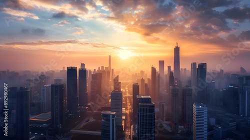 Futuristic urban landscape, downtown sunset, modern city night, towers and skyscrapers