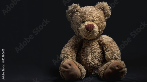 A warm and fluffy brown teddy bear with a kind expression sits gracefully against a dark background, showcasing its well-loved, plush and cuddly appearance. photo