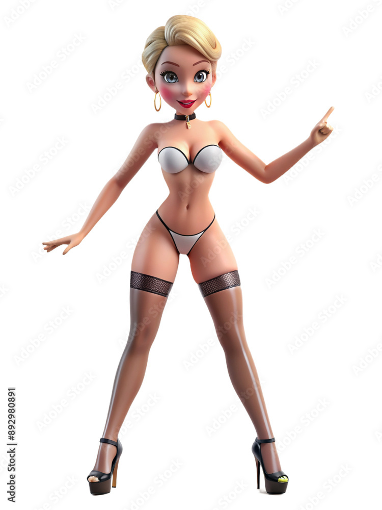 Beautiful plastic doll in black latex bikini, choker, 3D style