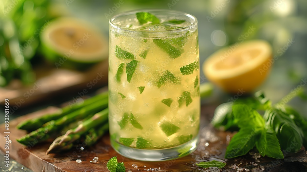 Refreshing Lemon Mint Drink on Wooden Table with Asparagus and Basil Indoors Refreshing Lemon Mint Drink on Wooden Table with Asparagus and Basil Indoors