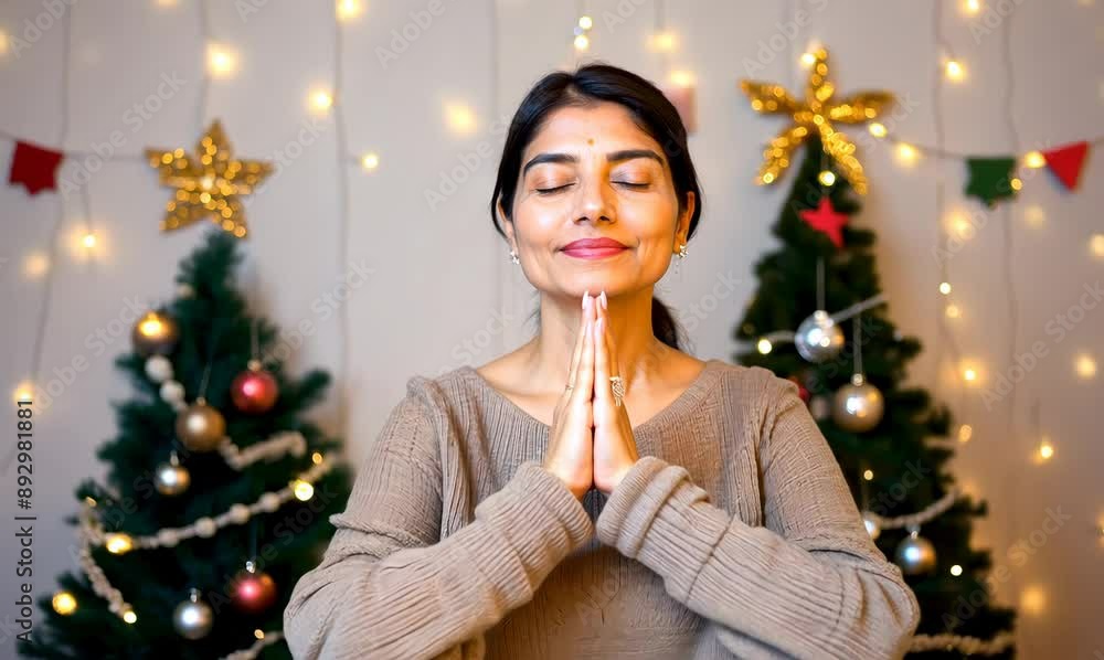 Group portrait video of a woman in her 30s practicing mindfulness sophrology relaxation & stress-reduction wearing a chic cardigan against a christmas or holiday themed background Group portrait video of a woman in her 30s practicing mindfulness sophrology relaxation & stress-reduction wearing a chic cardigan against a christmas or holiday themed background