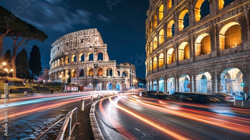 The Colosseum in Rome illuminated at night, featuring vibrant light trails from vehicles on the road and a beautiful night sky, capturing the city's vibrancy and history.
