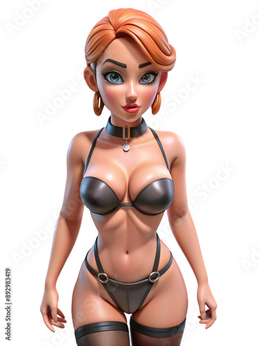 Beautiful plastic doll in black latex bikini, choker, 3D style photo