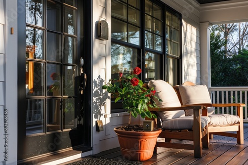 Panorama porch with two wooden armchairs, rose plant in a terracotta pot, black front door with glass panels, and lockbox near the windows, morning light illuminating the scene photo