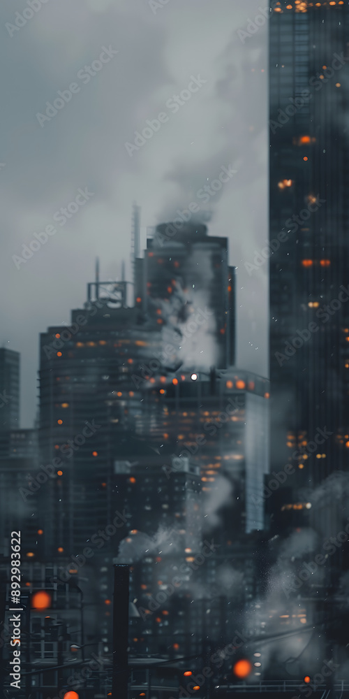 Obraz premium Chaminé emitindo poluição com prédios industriais cinzentos ao fundo