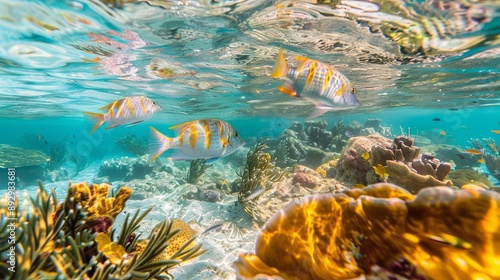 A picturesque underwater scene featuring a trio of brightly colored fish swimming gracefully amidst coral reefs, showcasing the beauty and diversity of marine life in the ocean.