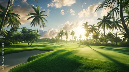 An inviting golf course with rolling greens and palm trees illuminated by the warm golden light of the setting sun, emphasizing tranquility and beauty in nature.