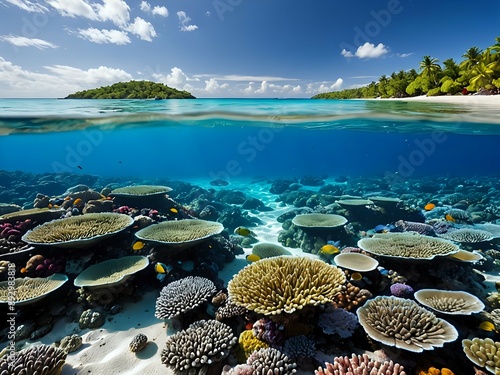 A tranquil beach scene with vibrant coral reefs underwater