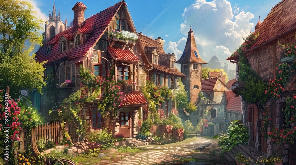 A scenic village street lined with charming houses surrounded by lush greenery and flowers, evoking a peaceful, nostalgic atmosphere in an idyllic countryside setting. A scenic village street lined with charming houses surrounded by lush greenery and flowers, evoking a peaceful, nostalgic atmosphere in an idyllic countryside setting.