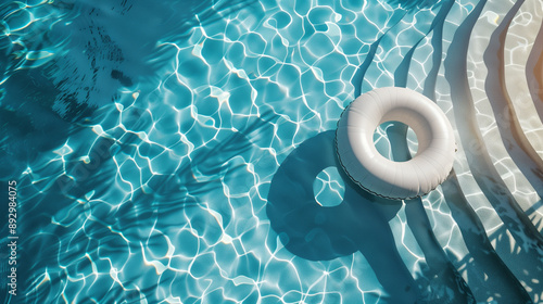High view swimming pool with clear water, floats, stairs and shadow of palm leaves.