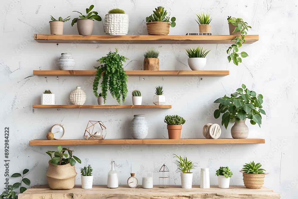 An arrangement of various potted plants and decorative items on three wooden shelves against a white wall An arrangement of various potted plants and decorative items on three wooden shelves against a white wall