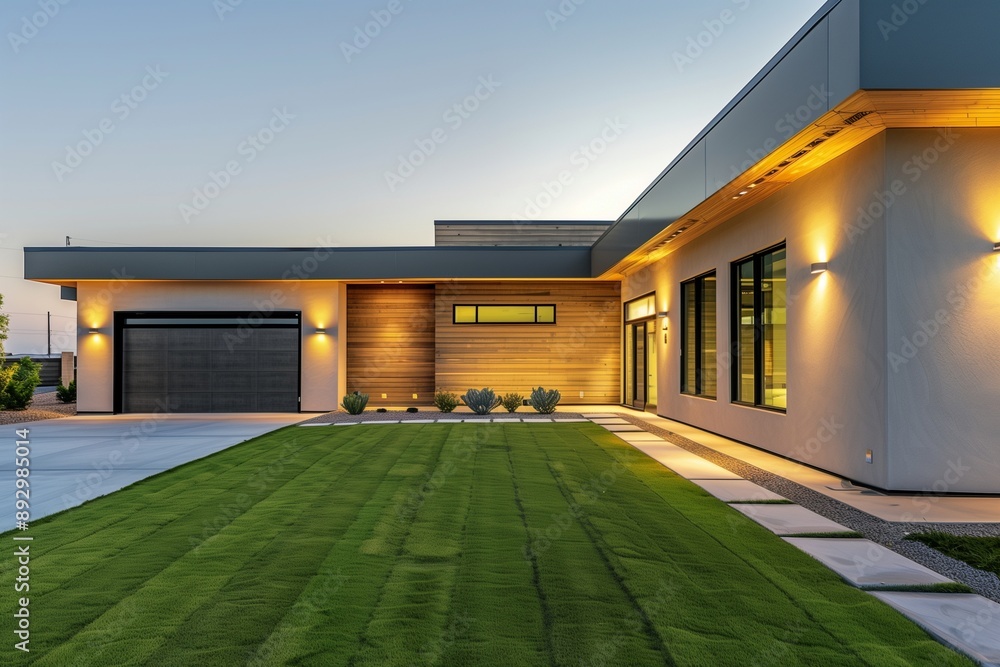 A stylish modern house with an expansive lawn and a garage on the left, complete with a concrete yard. Subtle lighting under the roof adds ambiance, complemented by wooden wall decor. A stylish modern house with an expansive lawn and a garage on the left, complete with a concrete yard. Subtle lighting under the roof adds ambiance, complemented by wooden wall decor.