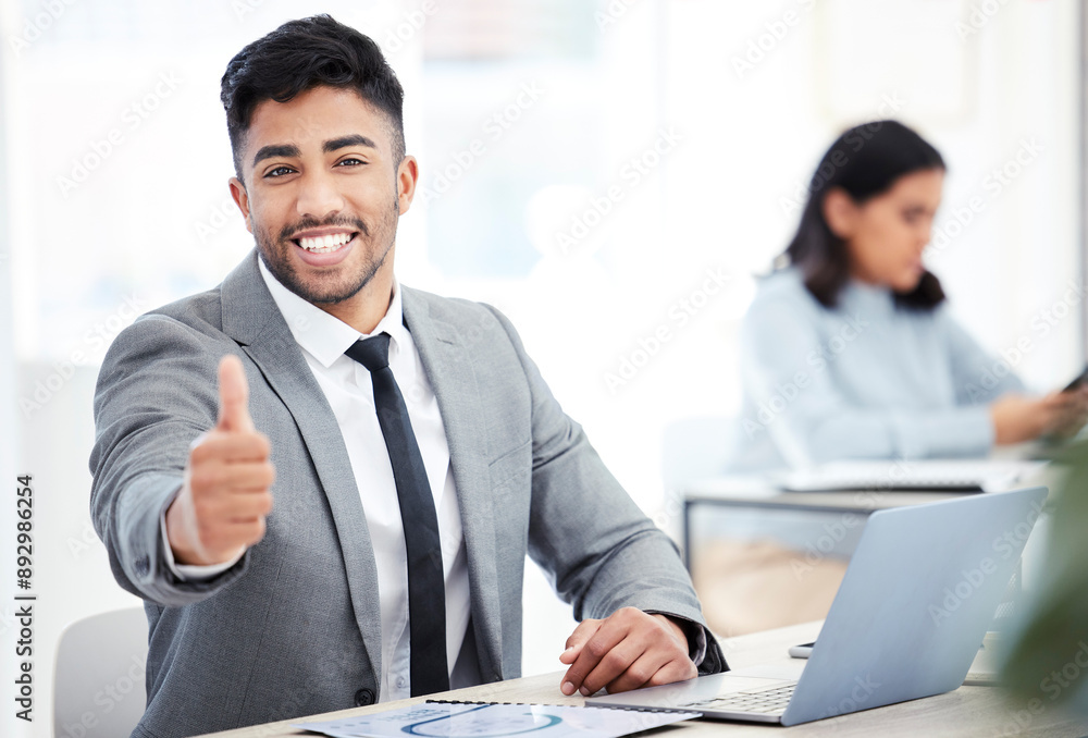 Portrait, business people and man with thumbs up, laptop or company goals with success. Face, employees or consultant with hand gesture, pc or agreement with opportunity, emoji or like sign in office Portrait, business people and man with thumbs up, laptop or company goals with success. Face, employees or consultant with hand gesture, pc or agreement with opportunity, emoji or like sign in office