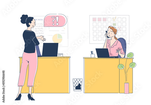 Conflict situations in the office. There was a misunderstanding between employees. A female boss reprimands her subordinate. Contour flat vector illustration