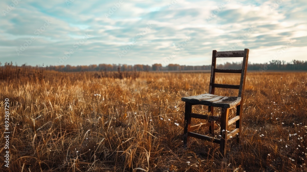 Old wooden chair in vast autumn field under cloudy sky Old wooden chair in vast autumn field under cloudy sky
