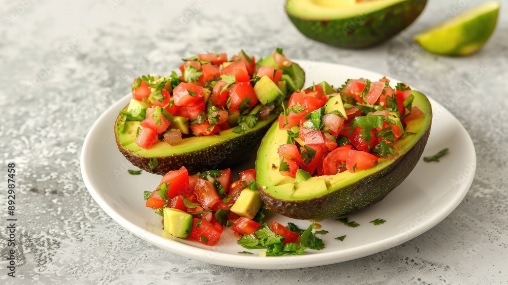 Avocado halves filled with fresh diced tomatoes, onions, and cilantro on white plate Avocado halves filled with fresh diced tomatoes, onions, and cilantro on white plate