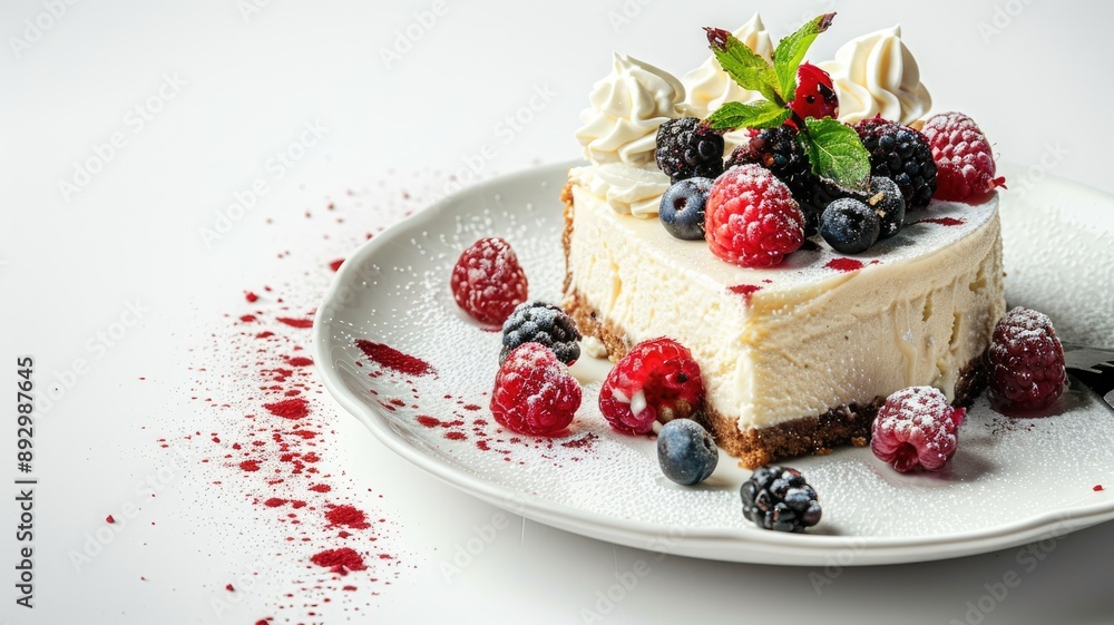 Cheesecake slice garnished with fresh berries and cream on white plate Cheesecake slice garnished with fresh berries and cream on white plate