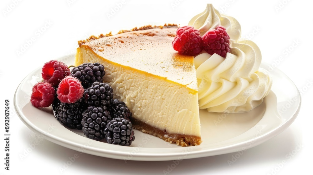 Slice of cheesecake topped with raspberries, blackberries, and whipped cream on plate Slice of cheesecake topped with raspberries, blackberries, and whipped cream on plate