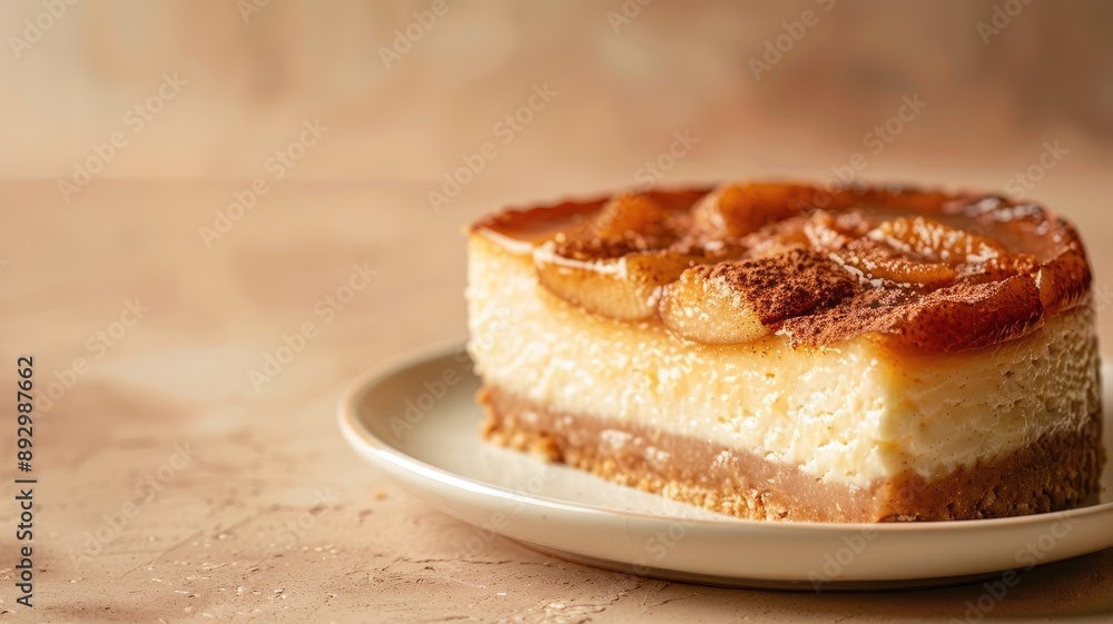Slice of caramel-topped cheesecake on white plate Slice of caramel-topped cheesecake on white plate