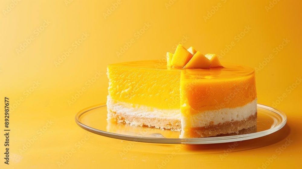 Mango cheesecake with smooth texture on glass plate Mango cheesecake with smooth texture on glass plate