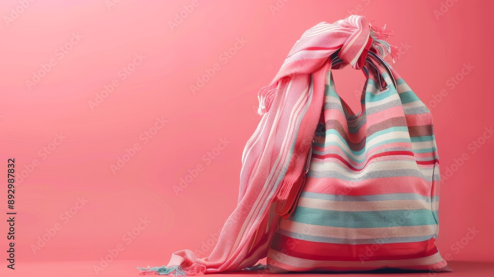 Fashionable striped bag with scarves isolated on background.pastel colour Fashionable striped bag with scarves isolated on background.pastel colour