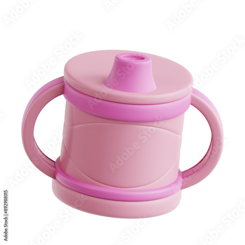 A pink baby cup with a pink handle