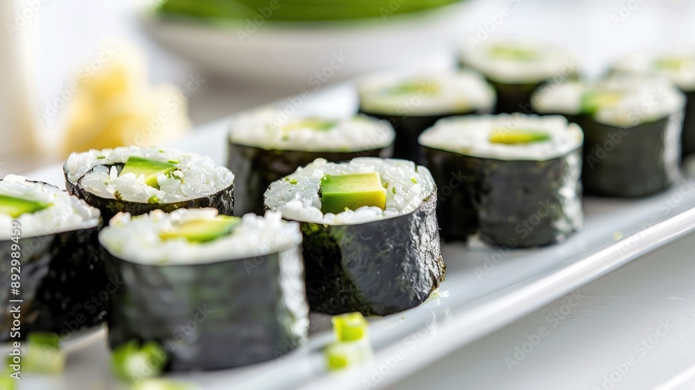 Sushi rolls with cucumber and rice on white plate Sushi rolls with cucumber and rice on white plate