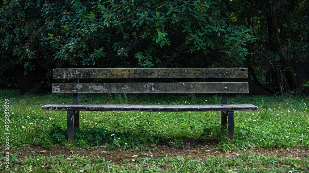 Old wooden park bench on grass with trees behind
