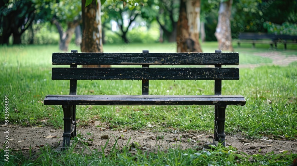 Weathered park bench on grassy area near trees Weathered park bench on grassy area near trees