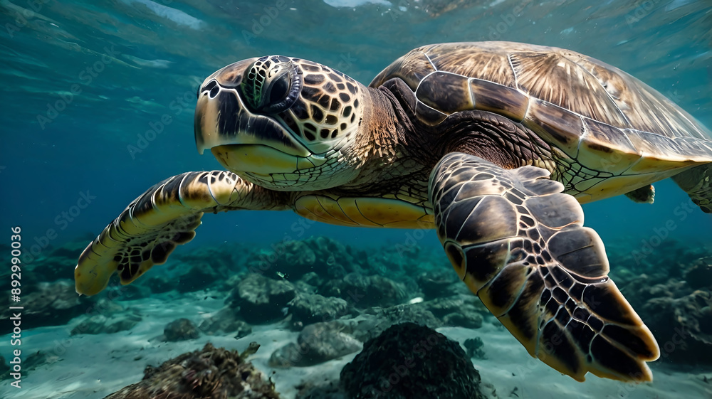 Fototapeta premium Sea turtle swimming, 300dpi.