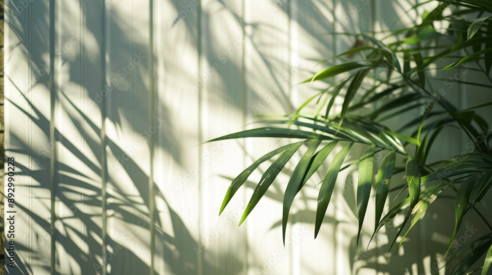 Naklejka premium Fence shadow overlay on white wall. Sunlit minimal blurred backdrop. Tropical summer surface.