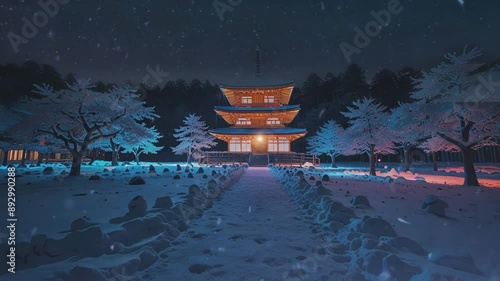 A beautifully illuminated Japanese temple or shrine in the snow, cherry blossom trees shrouded in delicate lights, serene frozen pond in the foreground, nighttime winter scenery with soft lighting photo