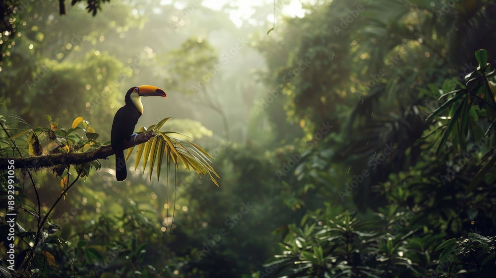 Fototapeta premium A single toucan observed in its natural habitat, perched high on a tree branch amidst the dense green vegetation of the jungle