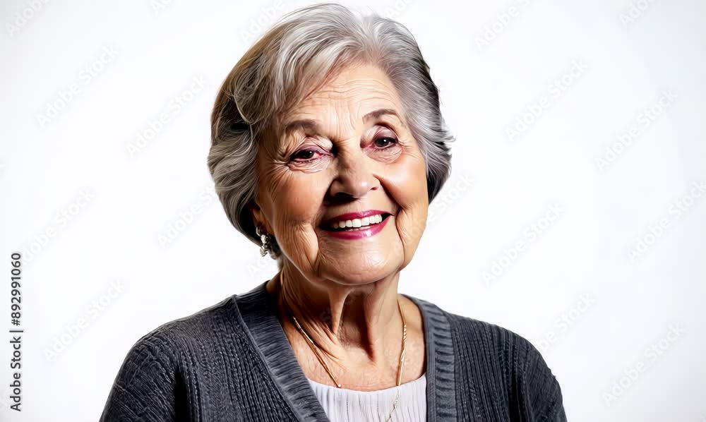 Group portrait video of a pleased woman in her 90s that is wearing a chic cardigan against a white background Group portrait video of a pleased woman in her 90s that is wearing a chic cardigan against a white background