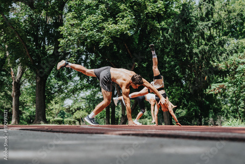 Group of athletes exercising in a park, performing acrobatic moves on a sunny day, showcasing strength and coordination