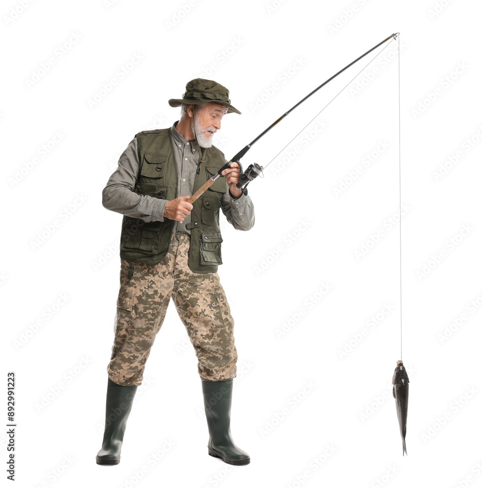 Fisherman with rod and catch on white background Fisherman with rod and catch on white background