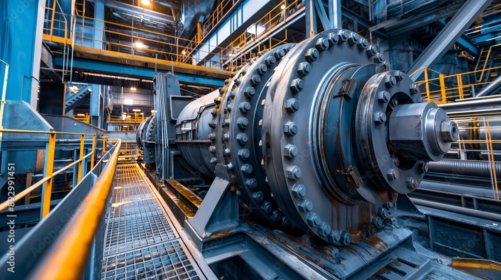 Industrial Machinery Inside a Modern Factory Featuring a Large Metal Cylinder and Complex Pipe System Industrial Machinery Inside a Modern Factory Featuring a Large Metal Cylinder and Complex Pipe System