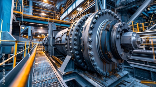 Industrial Machinery Inside a Modern Factory Featuring a Large Metal Cylinder and Complex Pipe System