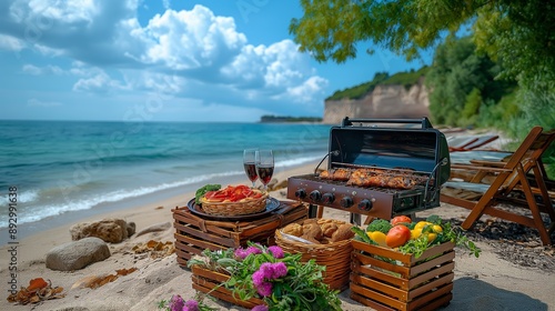 Fototapeta Naklejka Na Ścianę i Meble -  Relaxing Beach BBQ by the Ocean with Fresh Food and Scenic View on a Sunny Day