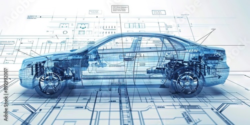 Engineering blueprint overlay on automobile