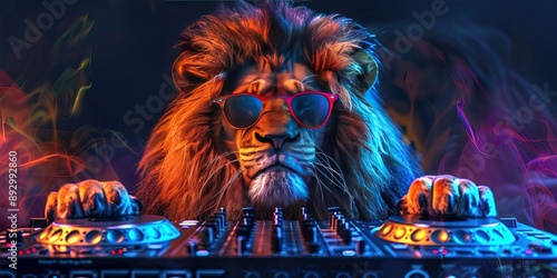Male lion DJ on the turntables - colorful modern animation style