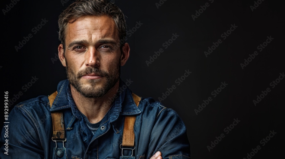 Portrait of a handsome young bearded caucasian man with blue eyes in denim apron over a black background. Portrait of a handsome young bearded caucasian man with blue eyes in denim apron over a black background.