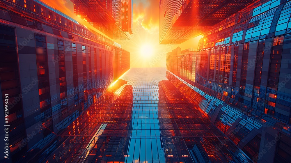 Picture of modern skyscrapers of a smart city, futuristic financial district with buildings and reflections , blue color background for corporate and business template with warm sun rays of light Picture of modern skyscrapers of a smart city, futuristic financial district with buildings and reflections , blue color background for corporate and business template with warm sun rays of light